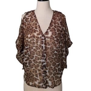 BB DAKOTA Animal Print Leopard Button Down Sheer Blouse Drape Oversize Small S